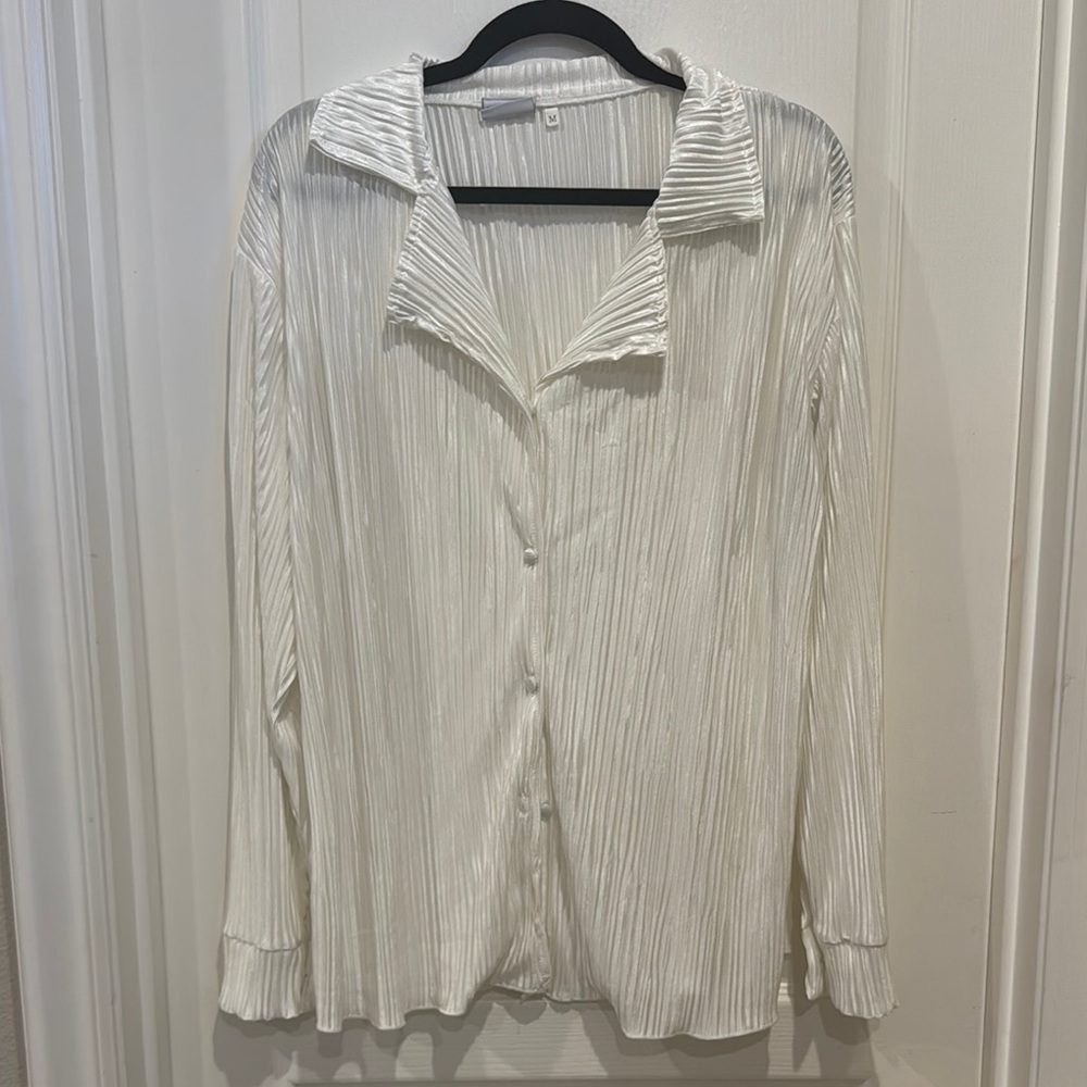 White Pleated Button-Up Blouse